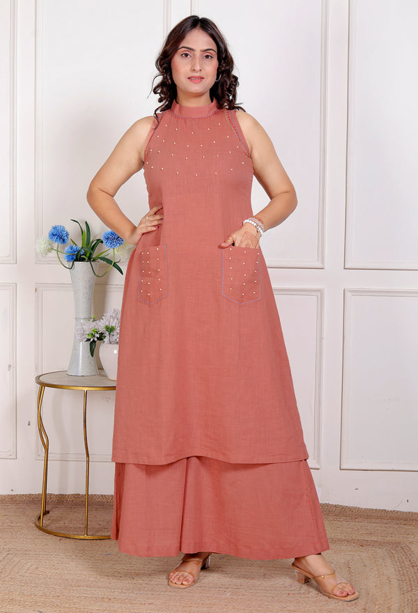 Peach Pink Halter Neck Kurta & Cotton Culottes