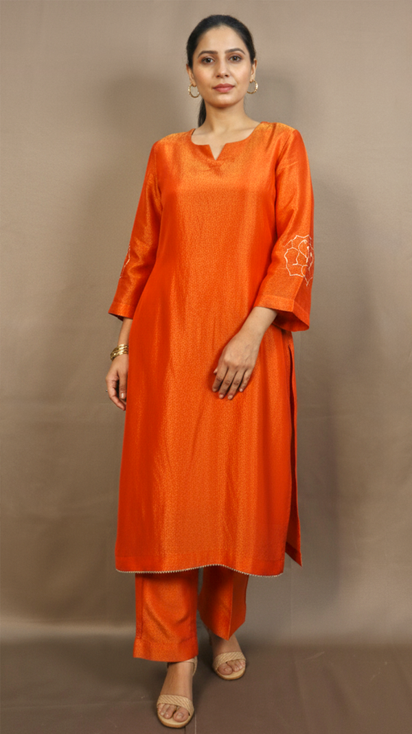 Ruhani Bright Orange Serenity - Elegant Hand Embroidered Kurta with Pant and Dupatta Set