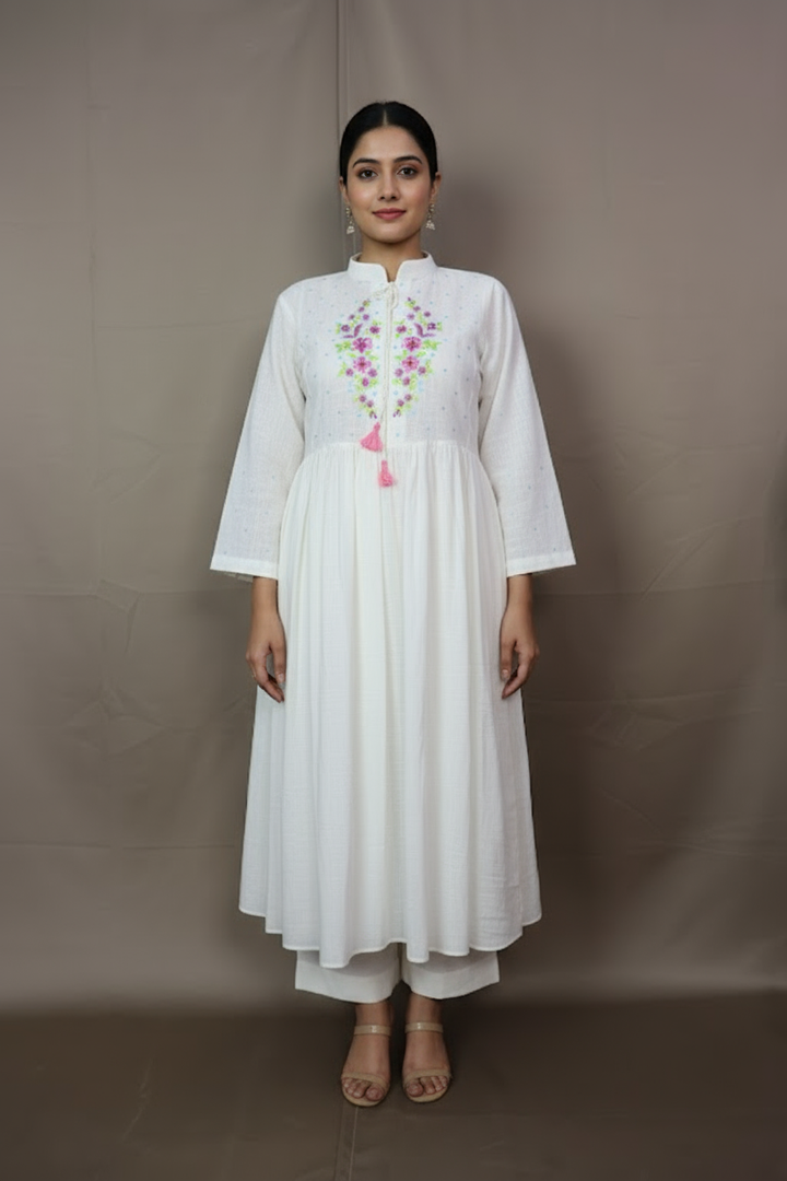 Premium White Cotton Slub Flaired & Plated A-Line Kurti with Hand Embroidered Floral Design