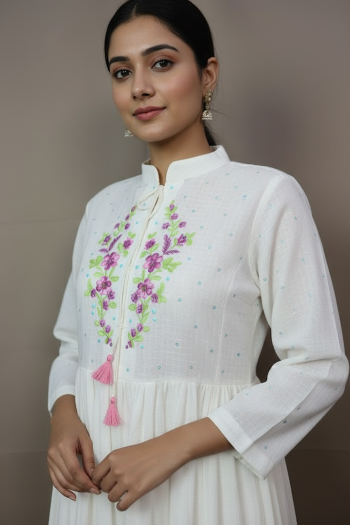 Premium White Cotton Slub Flaired & Plated A-Line Kurti with Hand Embroidered Floral Design